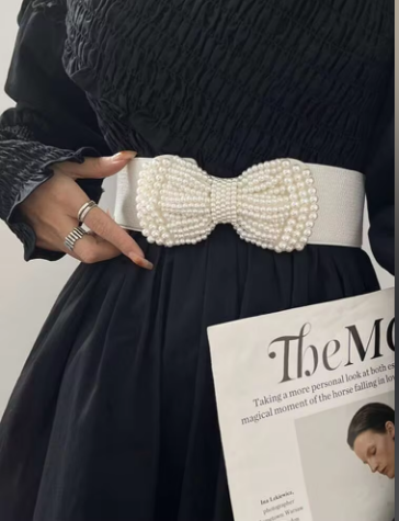 Shein 1pc Women's Pearl Bow Elastic Waist Belt >