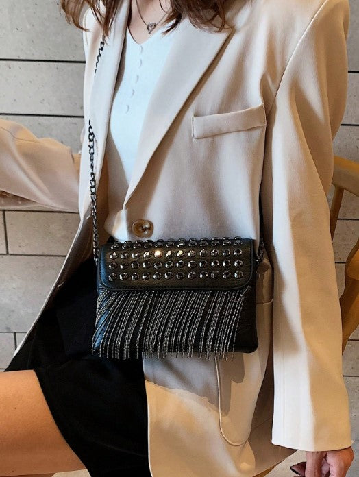 Shein Citrus Fringe Design Fashion Shoulder Crossbody Bag Studded Chain Strap Street Style Handbag -.
