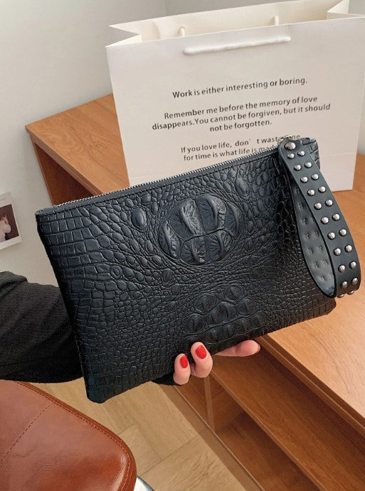 Shein Studded Decor Crocodile Embossed Wristlet Bag & Vintage Portable Clutch>