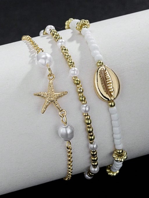 Shein 3pcs Set Summer Beach Style Metal Starfish & Shell Beaded Anklet Set >
