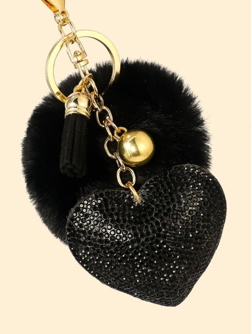 Shein Korean Heart Shaped Rhinestone Keychain with Black Pom Pom & Tassel -.
