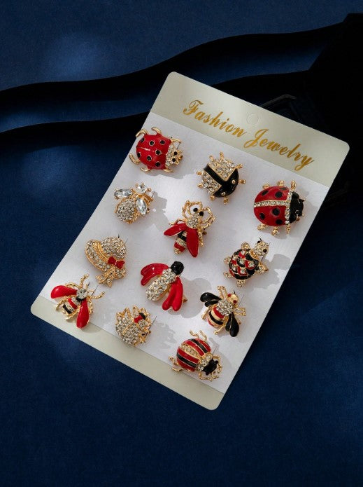 Shein 12pcs Personalized Charm Red Turtle Bee Beetle Zinc Alloy Casual Clothing Brooch Set