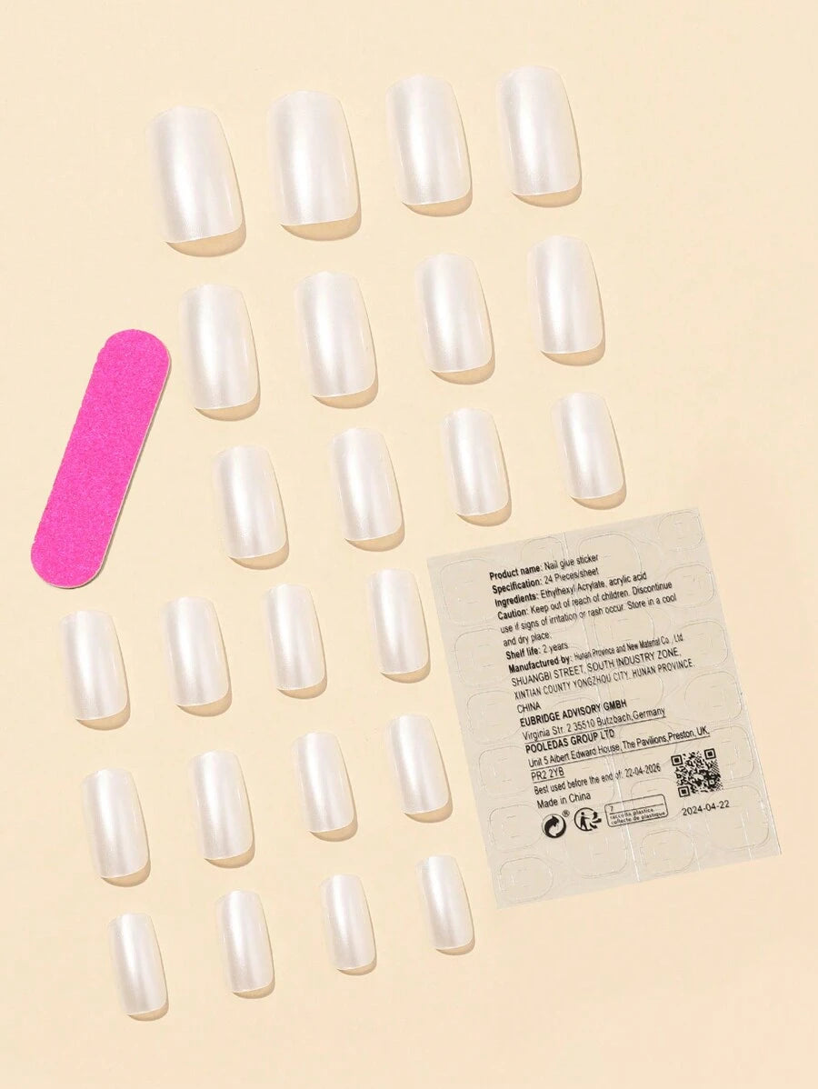 Shein 24pcs False Nails Flat Head Pearly White & Silver Glitter Square Nails Set>