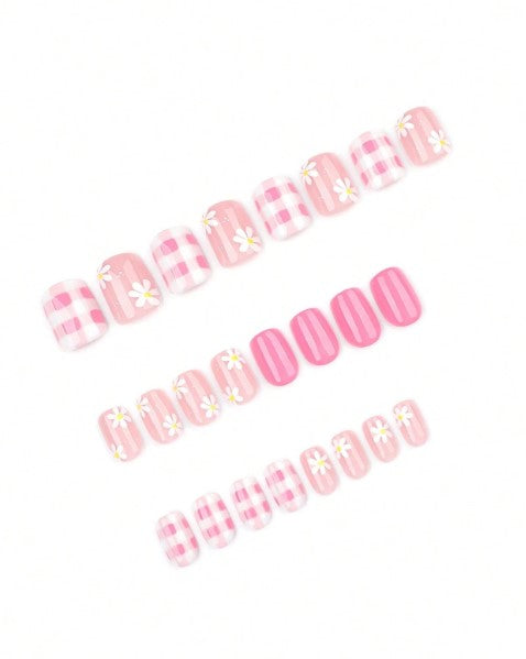 Shein 24pcs Short Square Pink Gingham & Fresh Daisy Art Press-on Nails -.
