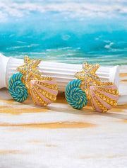 Shein 1 Pair Metal Enamel Starfish & Shell Pendant Earrings with Rhinestones>