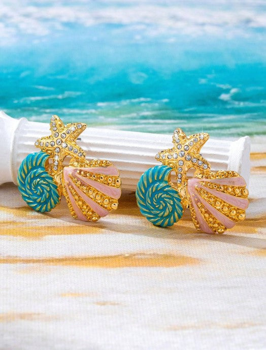 Shein 1 Pair Metal Enamel Starfish & Shell Pendant Earrings with Rhinestones>