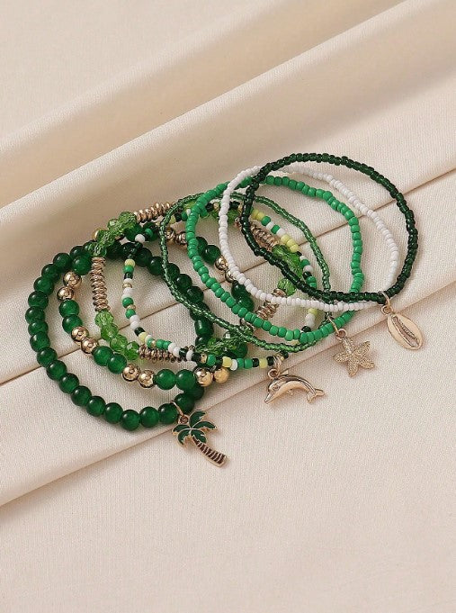 Shein 8pcs Bohemian Ocean Theme Seahorse Shell Starfish Pendant Glass Beaded Multilayer Bracelet Set>
