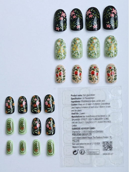 Shein 24pcs Almond Vintage Floral Garden & Strawberry Press-on Nails >