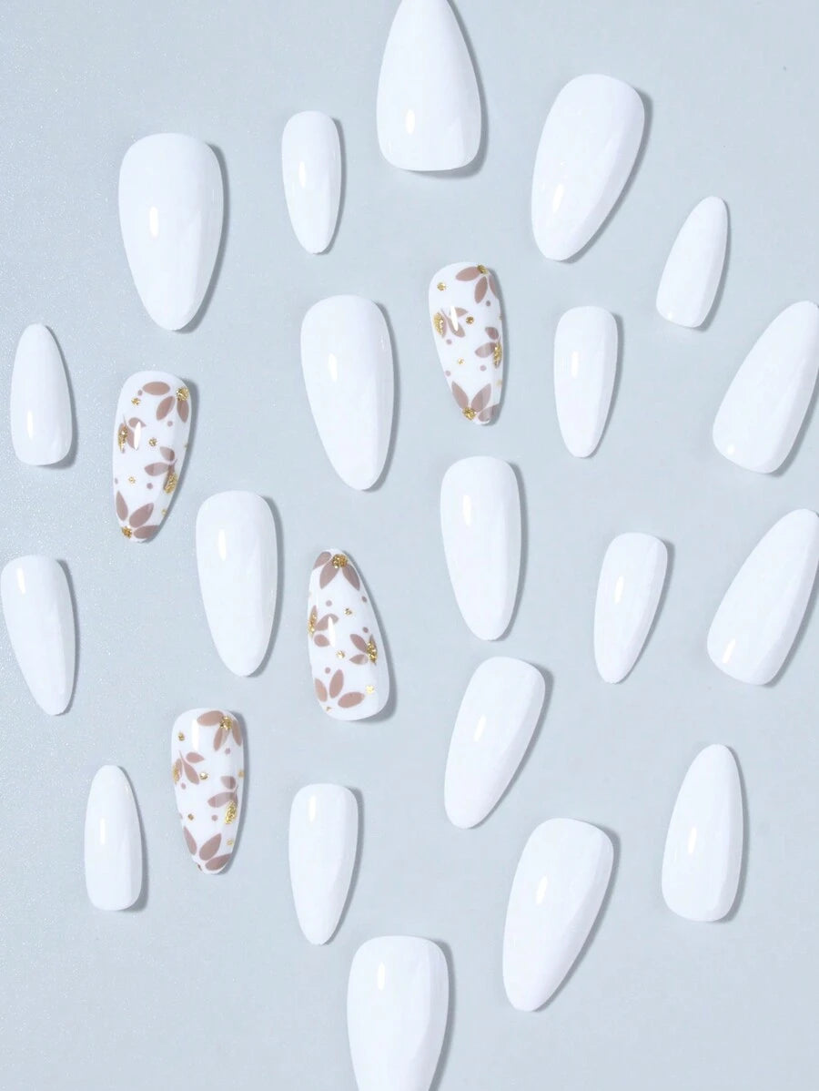 Shein 24pcs/Set Almond Shaped Press-On Nails, Floral & Gold Glitter Design Acrylic False Nails >