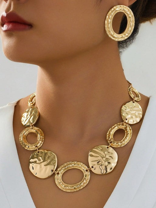 Shein New Fashion Metal Style Earrings And Necklace Jewelry Set>