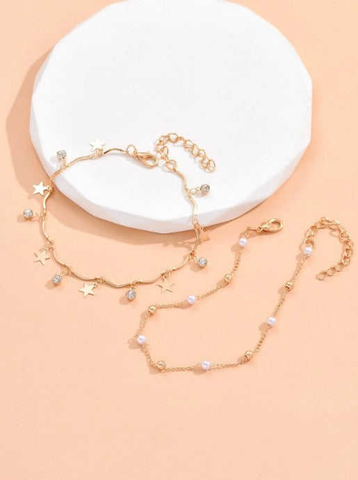 Shein 2pcs Random Rhinestone & Star Charm Anklet Set in Yellow Gold >