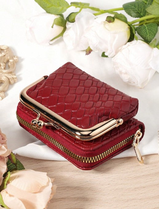 Shein Burgundy Multi-functional Large Capacity Woven Short PU Leather Purse with Zipper and Hasp -.
