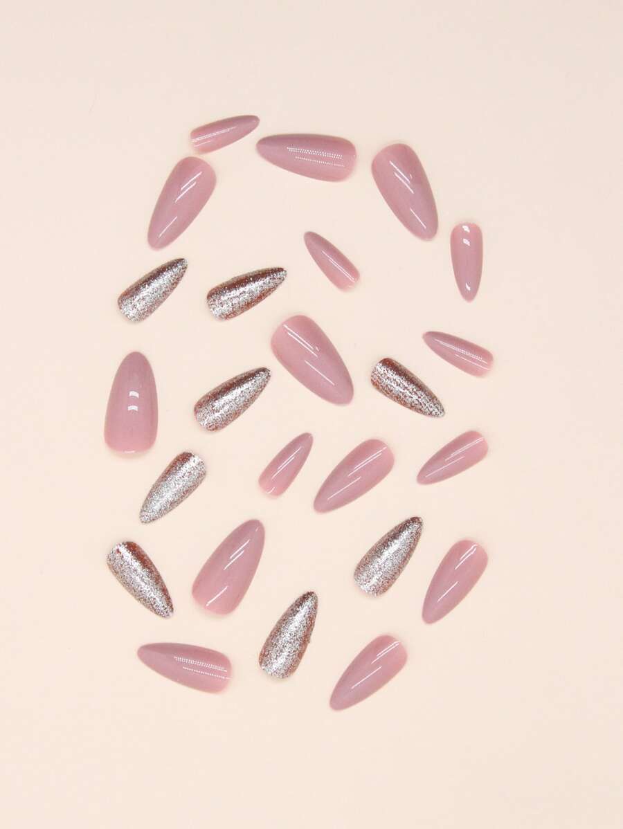 Shein 24pcs Wear-Style Long Almond Shaped Simple French Glitter Press On Nails>