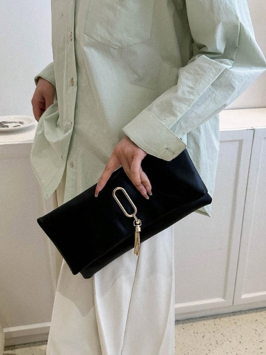 Shein Tassel Decor Black PU Leather Envelope Clutch Bag -.
