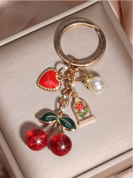 Shein Fashionable Cherry Keychain with Heart & Rose Pendant Charm -.