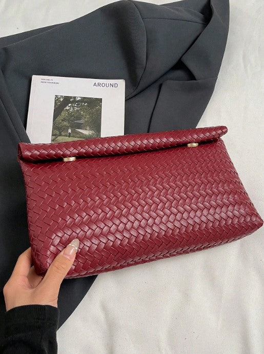 Shein Red Woven Pattern Handbag with Magnetic Flap Closure and Large Capacity -.