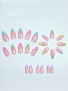 Shein 24pcs French Colorful Flowers Simple Almond Press On Nails >