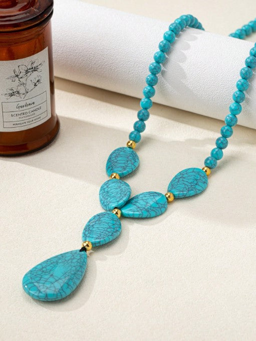 Shein 1pc Bohemian Vintage Faux Turquoise Bead Asymmetric Necklace >