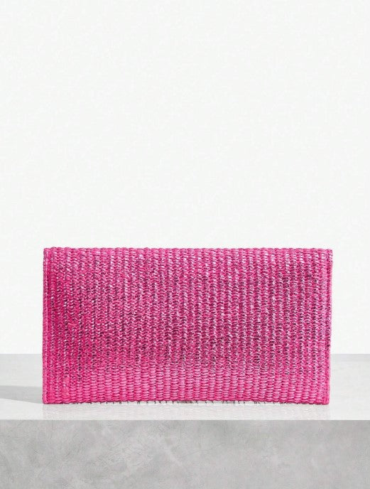 Shein SXY Women's Fashionable Metallic Coating Straw Woven Chain Tassel Clutch Bag -.