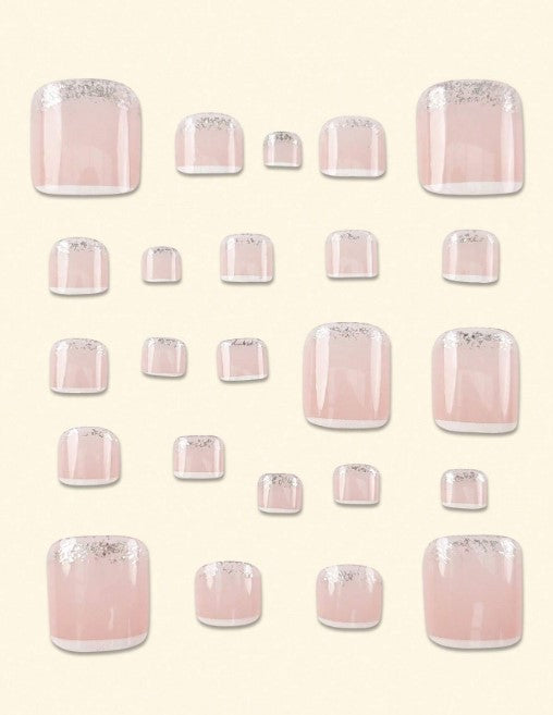 Women's French Glitter Glossy Square Press On Toenail Set