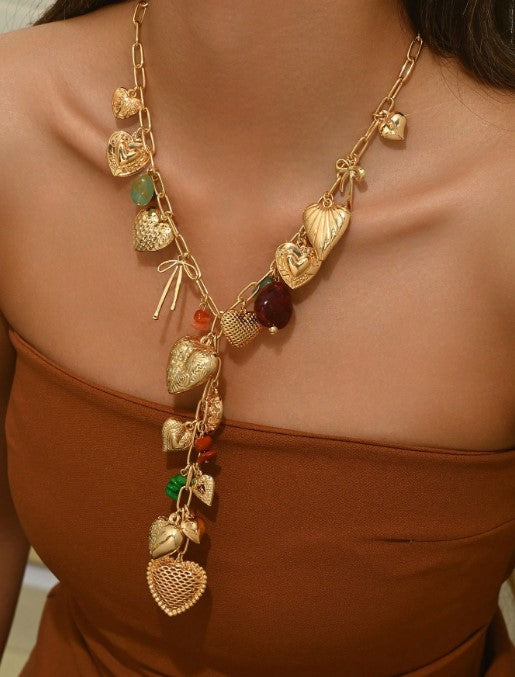 Shein 1pc High-End Gold Heart-Shaped Resin & Natural Small Stone Pendant Necklace>