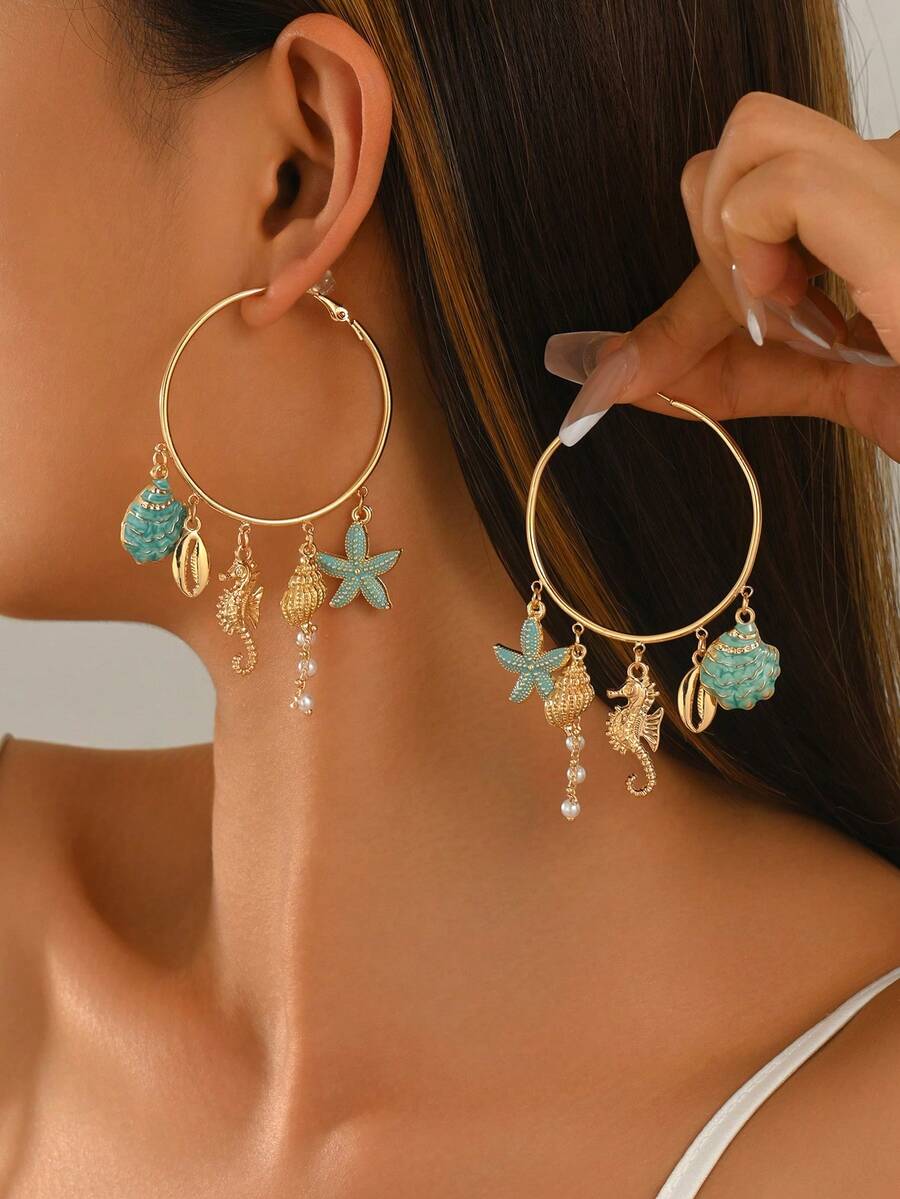 Shein 1 Pair Beach Vacation Ocean Style Large Hoop Earrings >