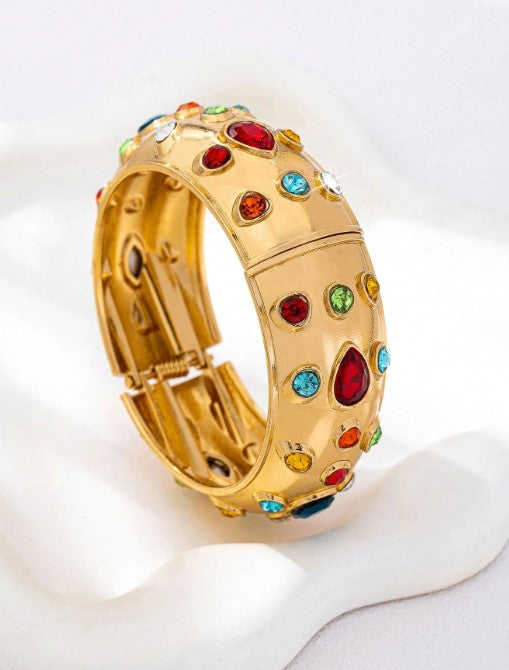 Shein Vintage Metal Inlaid Multi-Color Gemstone Thick Bracelet