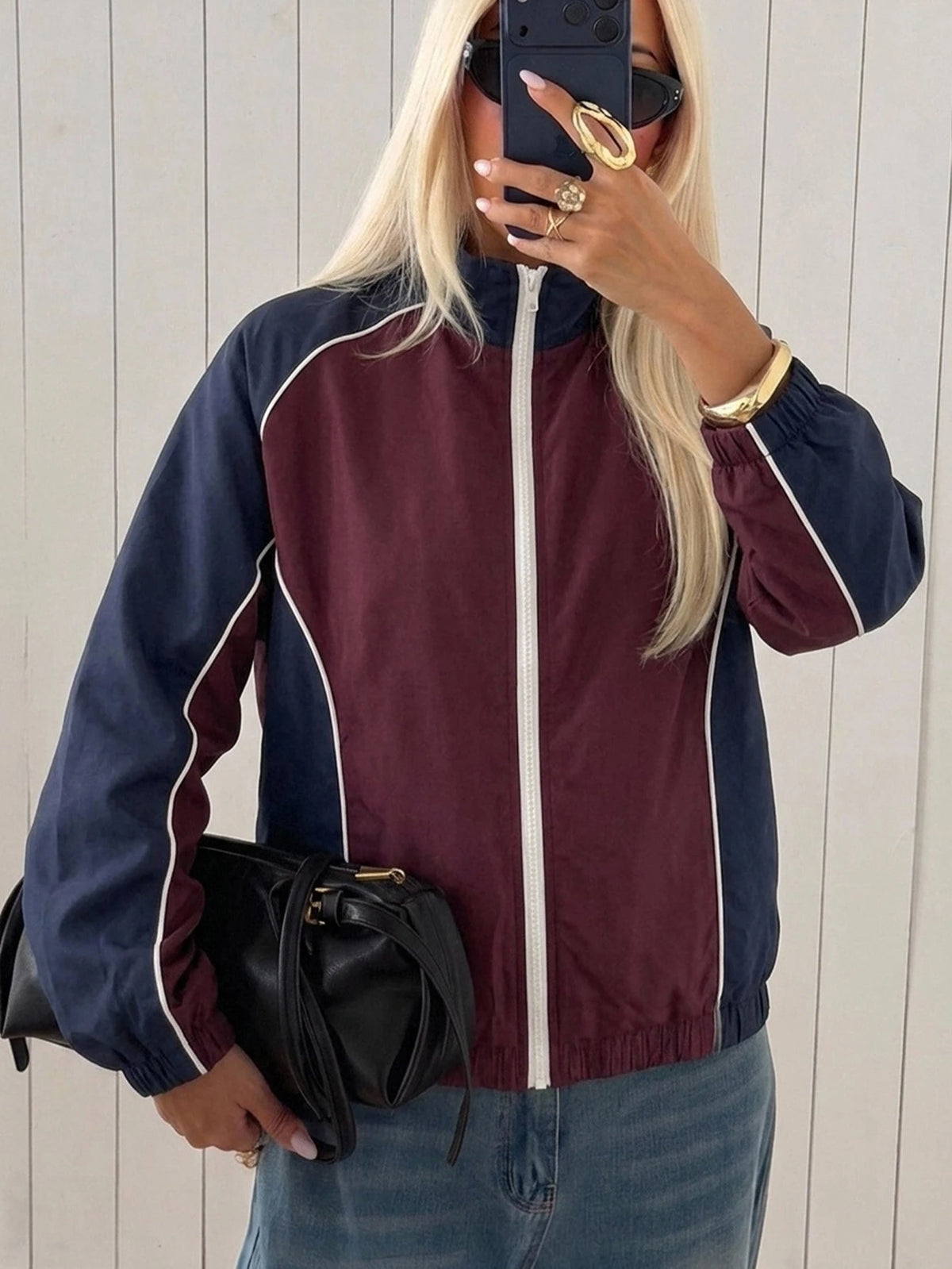Women's Colorblock Zip-Up Loose Short Jacket