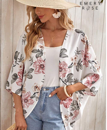 Shein Floral Print Batwing Sleeve Kimono Without Camisole, M*/