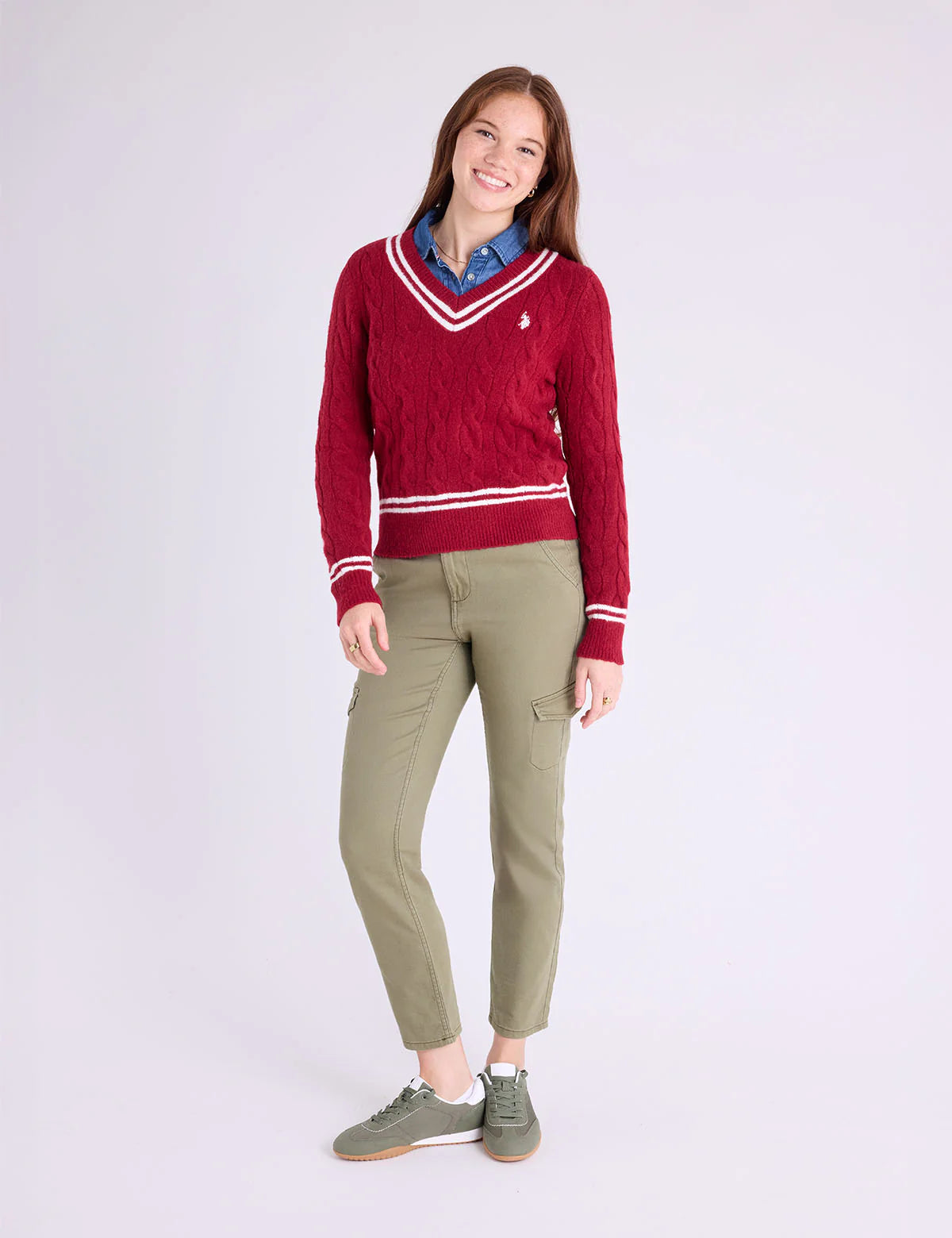 U.S. Polo Tipped Cable V-Neck Sweater, L +