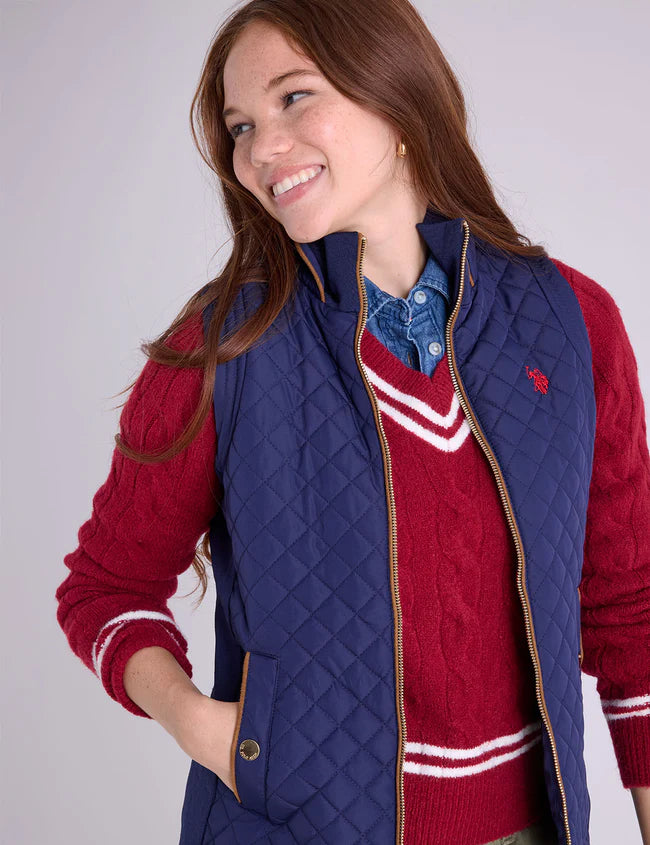 U.S. Polo Tipped Cable V-Neck Sweater, L +