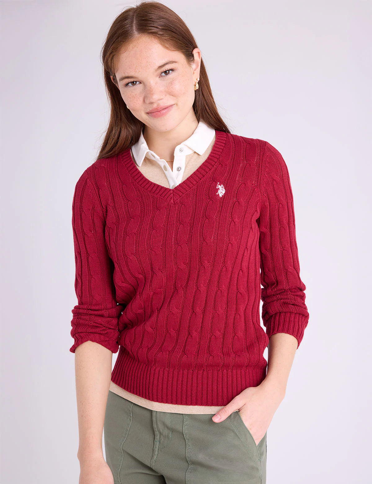 U.S. Polo Soft Cable V-Neck Sweater, S +