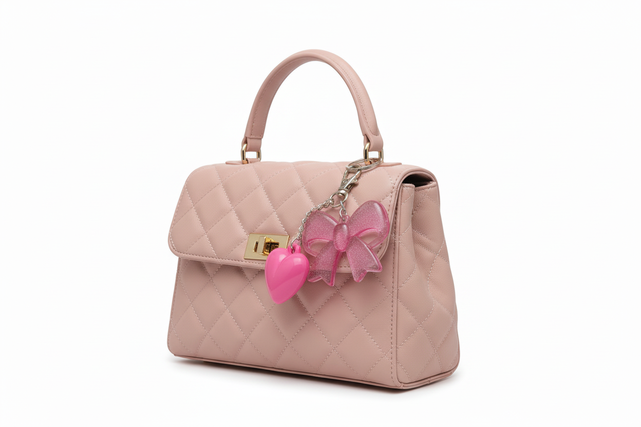 Shein Cute Pink Bow Keychain with Heart Charm ---