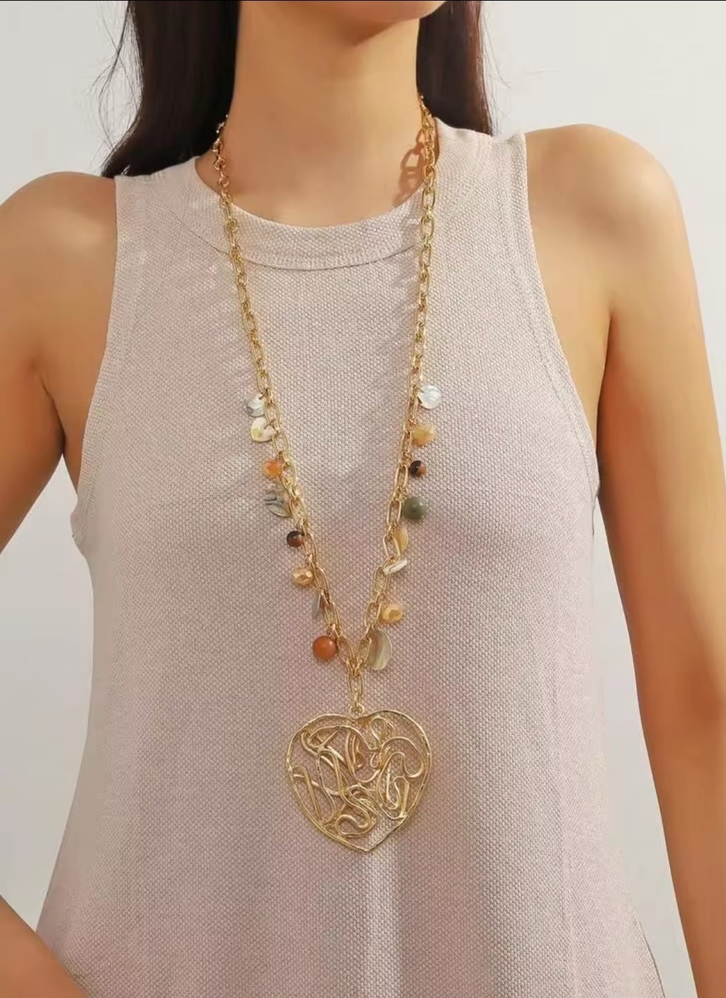 Shein Bohemian Heart Pendant Necklace with Natural Stone Charms >