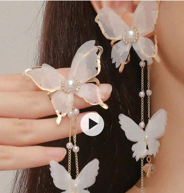 Shein 1Pair Of Super Fairy White Butterfly Tassel Earrings +