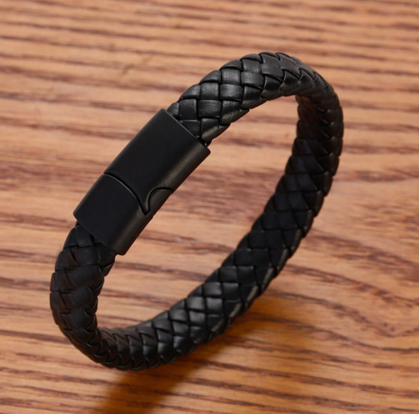 1pc Pure PU Leather Bracelet Punk Leather Wristband Titanium Steel Braided Leather Rope
