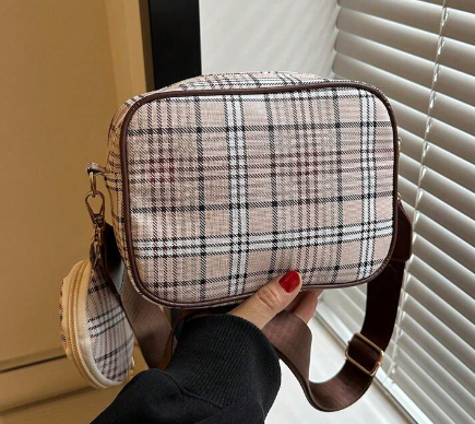 Shein Mini Square Bag With Coin Purse Plaid Pattern Zipper PU */