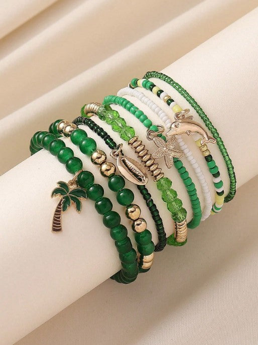 Shein 8pcs Bohemian Ocean Theme Seahorse Shell Starfish Pendant Glass Beaded Multilayer Bracelet Set>