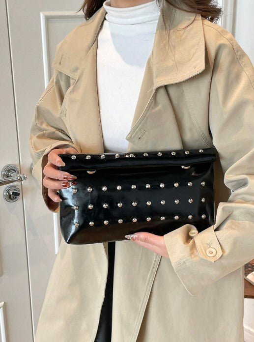 Shein Fashion Solid Color Studded Handbag with Magnetic Closure and Large Capacity -.