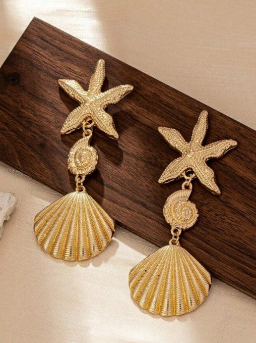 Shein Fashion Versatile Beach Vacation Exaggerated Metal Asymmetrical Shell & Starfish Earrings>