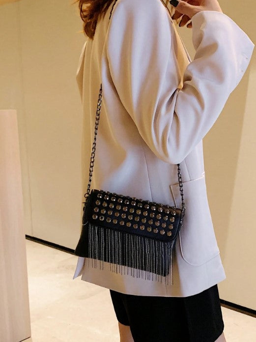 Shein Citrus Fringe Design Fashion Shoulder Crossbody Bag Studded Chain Strap Street Style Handbag -.