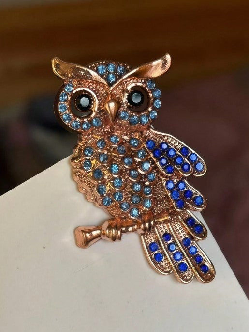 Shein Vintage Owl Brooch With Blue Rhinestones Crystal Bird Brooch >