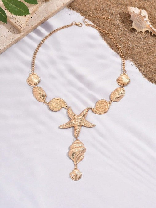 Shein 1pc New Stylish Ocean Themed Pendant Necklace Gold Shell Starfish Lariat Choker >