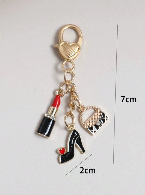Shein Fashion 1pc High-Heel Shoe, Lipstick & Handbag Multi-Charm Keychain -.