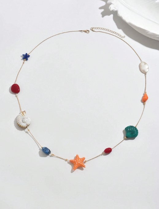 Shein 1pc Fashionable Bohemian Style Seashell Starfish Baroque Pearl Long Necklace >