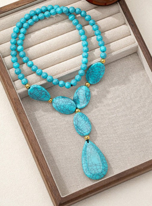 Shein 1pc Bohemian Vintage Faux Turquoise Bead Asymmetric Necklace >