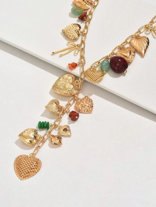 Shein 1pc High-End Gold Heart-Shaped Resin & Natural Small Stone Pendant Necklace>