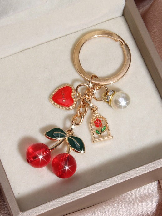 Shein Fashionable Cherry Keychain with Heart & Rose Pendant Charm -.