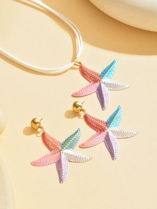 Shein 1 Set Of 3pcs Bohemian Style Beach Ocean Series Fashion Versatile Colorful Starfish Necklace & Earrings Set >