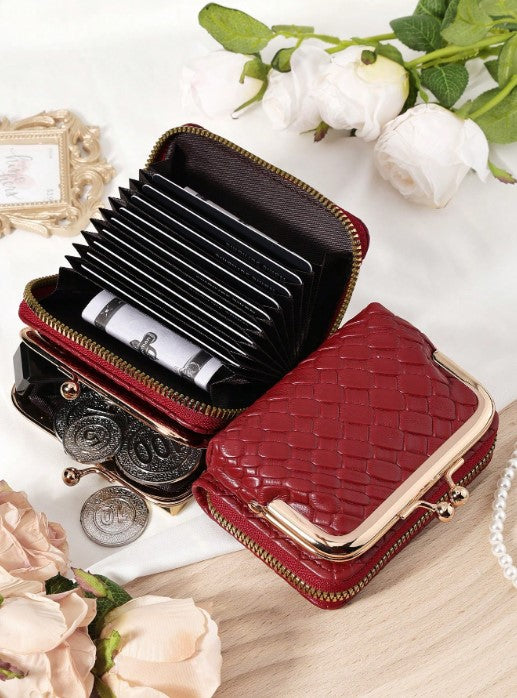 Shein Burgundy Multi-functional Large Capacity Woven Short PU Leather Purse with Zipper and Hasp -.